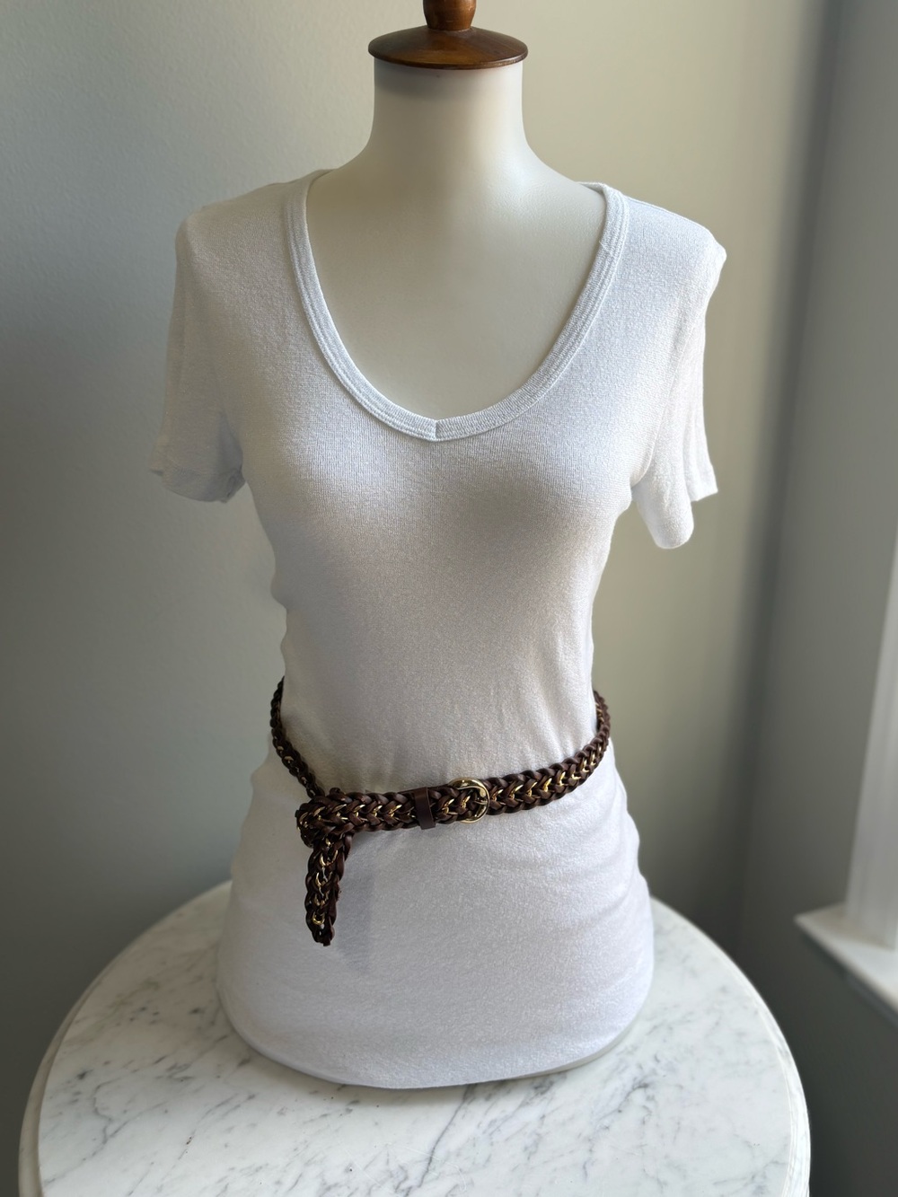Banana Republic Brown Braided Chain Belt Gold Tone Leather Weave - Picture 5 of 6